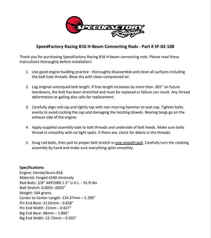 SpeedFactory Racing B16 Forged Steel H-Beam Connecting Rods