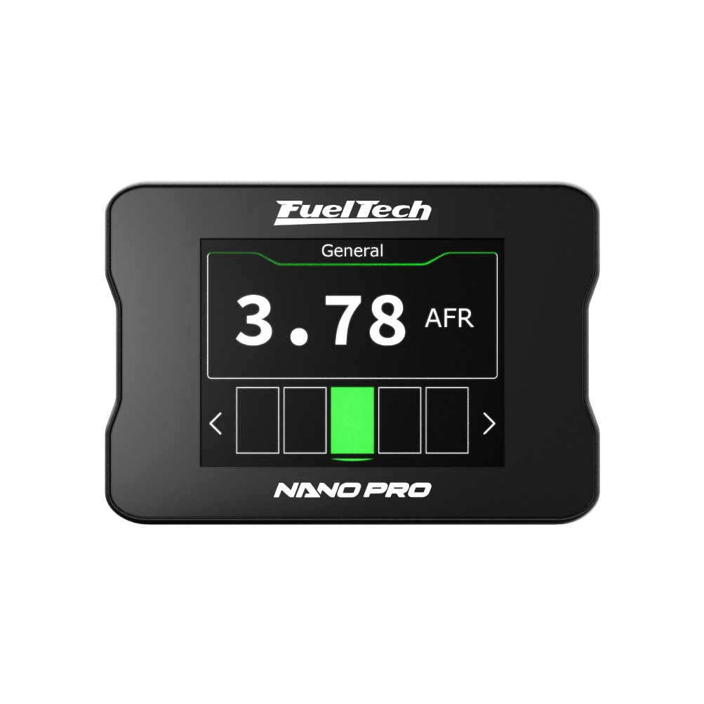 FuelTech NanoPRO 3 in 1 Wideband O2 Sensor Controller with digital switch panel and customizable touchscreen display screen.