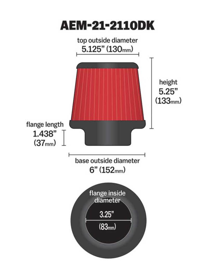 AEM 3.25 inch DRY Flow Short Neck 5 inch Element Filter Replacement