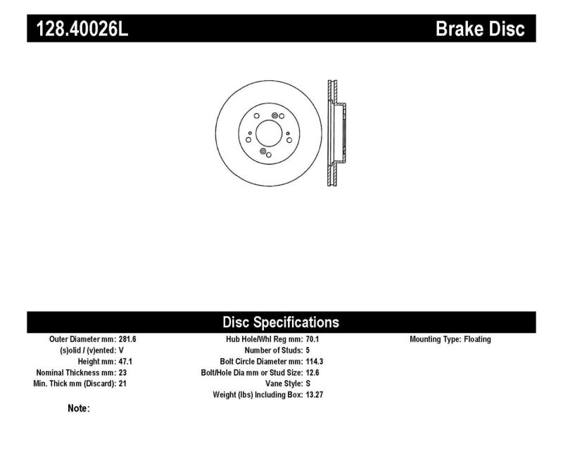 StopTech 97-01 Acura Integra Type R / 97-01 Honda CR-V Drilled Left Front Rotor